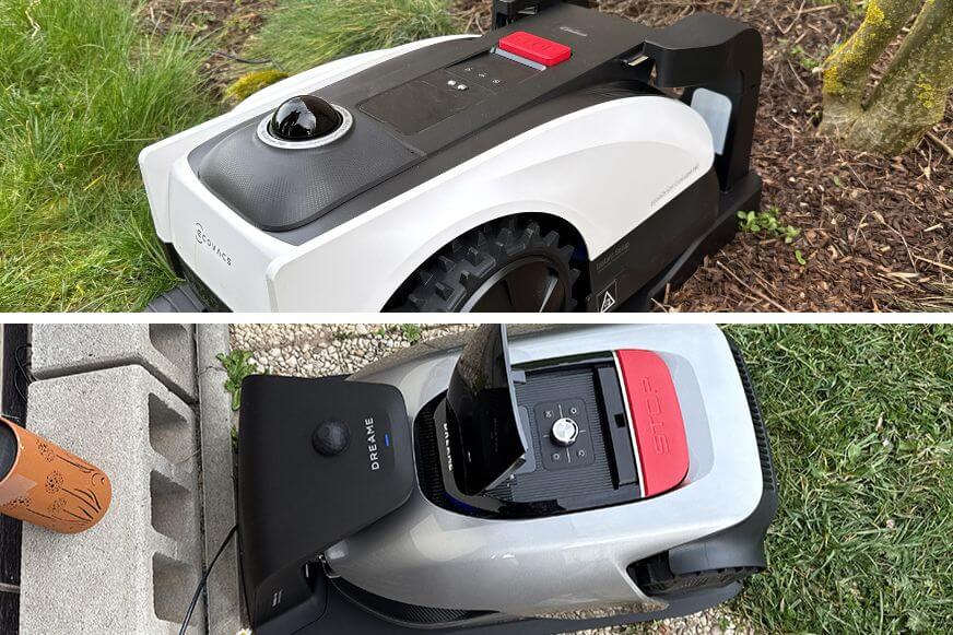 ECOVCAS GOAT O1200 LiDAR PRO und Dreame A2 Mähroboter sind in der Ladestation und laden den Akku automatisch auf